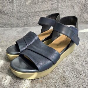 Naked Feet Koda Platform Wedge Sandals Navy Blue Leather Womens 8.5 Good
